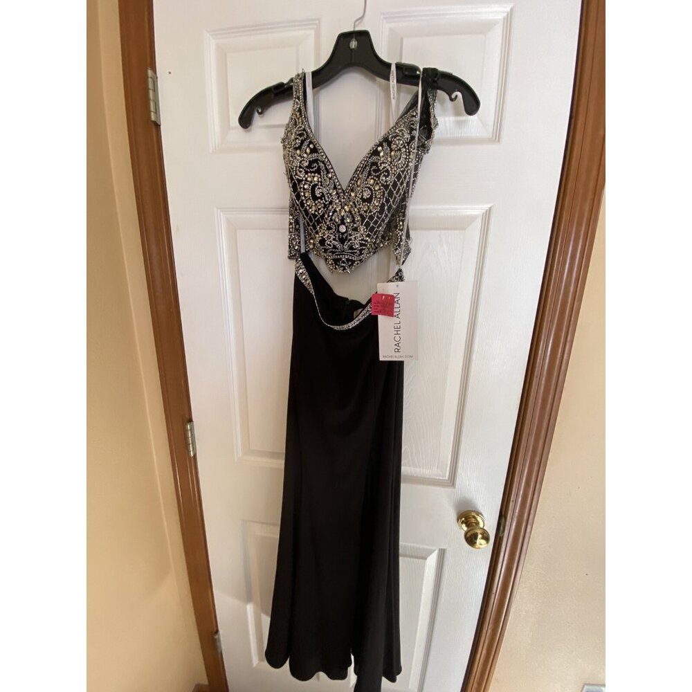 NWT! Black RACHEL ALLAN DRESS 2-Piece beaded V neck cold shoulder open back